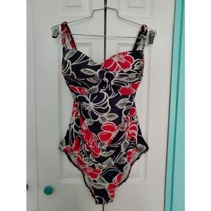 Floral Dark Blue, White, Red One Piece Swimsuit